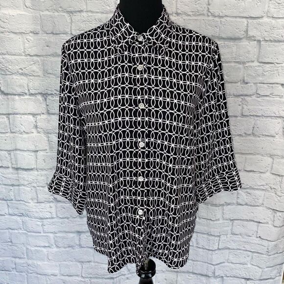 Blair button down 3/4 sleeve print top black & white sz medium women - Picture 1 of 10
